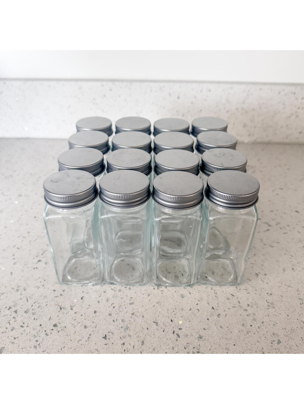 Glass Square Spice Jars with Silver Lids Set of 16